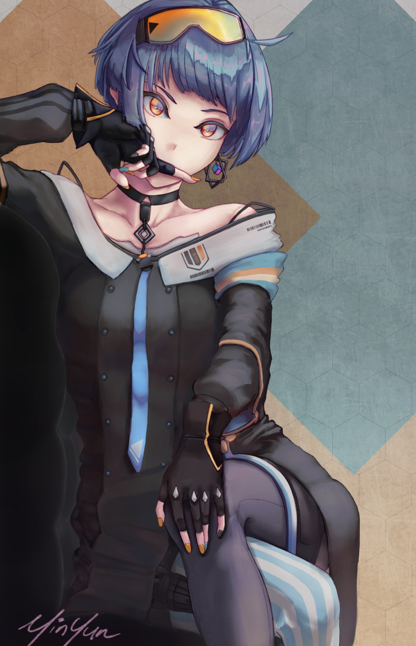 1girl ahoge asymmetrical_legwear black_gloves black_jacket blue_hair choker collarbone covered_mouth cowboy_shot crossed_legs earrings english_commentary fingerless_gloves girls'_frontline gloves goggles goggles_on_head highres jacket jewelry looking_at_viewer mismatched_legwear multicolored_nails off-shoulder_jacket off_shoulder orange_eyes orange_goggles short_hair signature single_earring sitting solo yinyun zas_m21_(girls'_frontline)