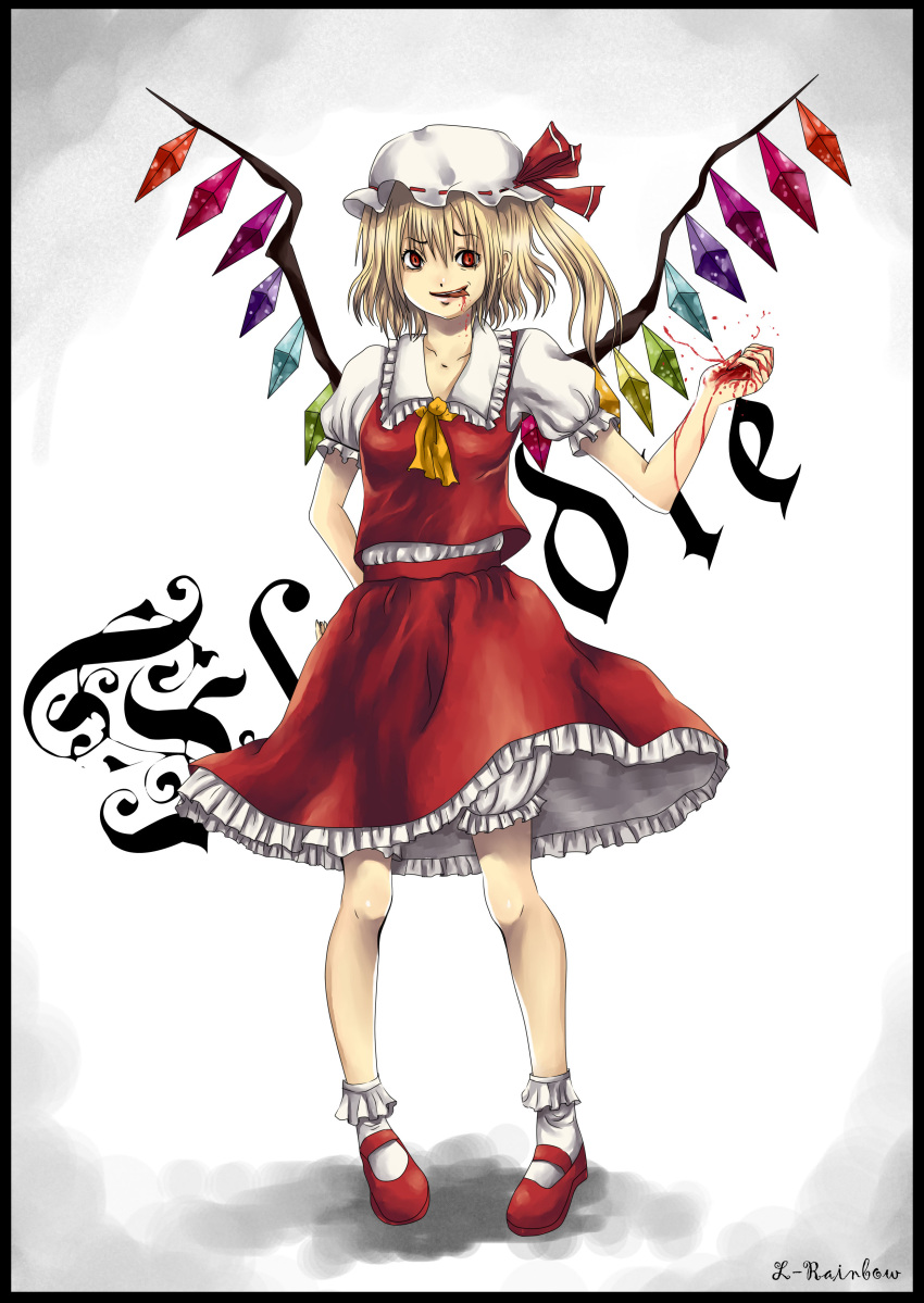 1girl absurdres artist_name ascot blonde_hair blood blood_from_mouth blood_on_arm blood_on_face blood_on_hands bloomers bobby_socks breasts character_name collarbone collared_shirt crystal flandre_scarlet frilled_shirt_collar frilled_skirt frilled_sleeves frills full_body hair_between_eyes hand_on_own_hip hat highres l-rainbow looking_at_viewer mary_janes medium_hair mob_cap multicolored_wings one_side_up pigeon-toed puffy_short_sleeves puffy_sleeves red_eyes red_footwear red_ribbon red_skirt red_vest ribbon ribbon-trimmed_headwear ribbon_trim shirt shoes short_sleeves simple_background skirt skirt_set small_breasts socks solo standing teeth tongue tongue_out touhou underwear upper_teeth_only vest white_background white_bloomers white_headwear white_shirt white_socks wings yellow_ascot