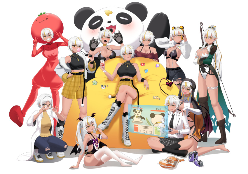 6+girls absurdres barefoot blonde_hair breasts dark-skinned_female dark_skin draw430 highres indian_style kneeling large_breasts looking_at_viewer luvdia multicolored_hair multiple_girls multiple_persona official_alternate_costume park_dona short_hair sitting squatting standing streaked_hair virtual_youtuber white_background white_hair yellow_eyes