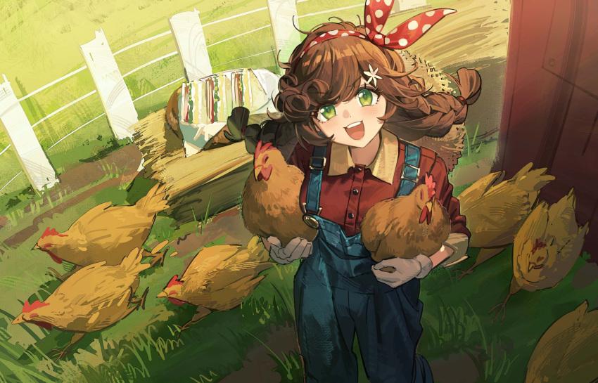 1girl alternate_costume animal bird blue_overalls blush braid brown_hair bunny_bunny_(reverse:1999) chicken collared_shirt commentary fence gloves grass green_eyes hat hat_removed headwear_removed highres holding holding_animal looking_at_viewer open_mouth outdoors overalls pg_(pgouwoderen) polka_dot_hairband red_shirt reverse:1999 shirt sidelocks sleeves_rolled_up standing straw_hat teeth twin_braids upper_teeth_only white_gloves