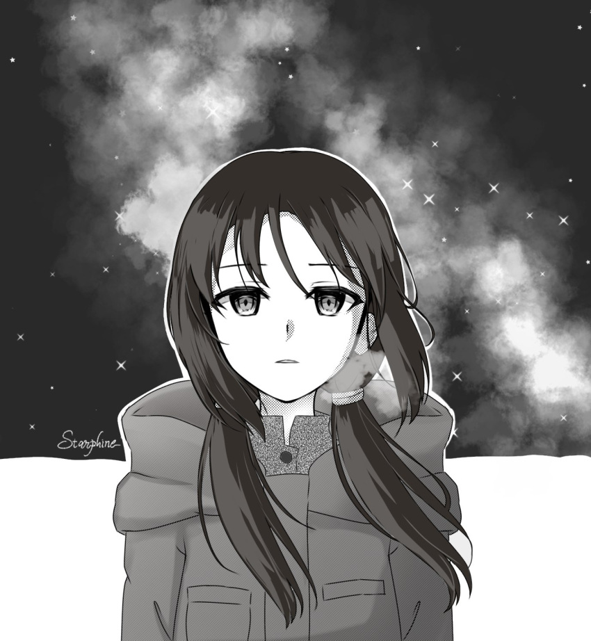 1girl black_hair chito_(shoujo_shuumatsu_ryokou) grey_eyes greyscale highres ibispaint_(medium) jacket looking_at_viewer monochrome shoujo_shuumatsu_ryokou snow star_(sky) starphine twintails