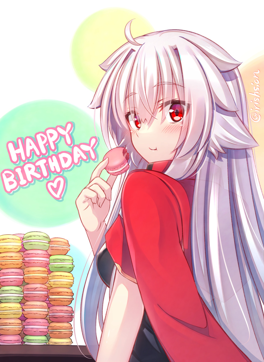 1girl absurdres ahoge black_shirt breasts commentary_request eating food from_behind grey_hair hair_between_eyes happy_birthday heart highres holding holding_food jacket jacket_on_shoulders long_hair looking_at_viewer looking_back macaron medium_breasts murasame_shia original red_eyes red_jacket shirt solo twitter_username very_long_hair white_background