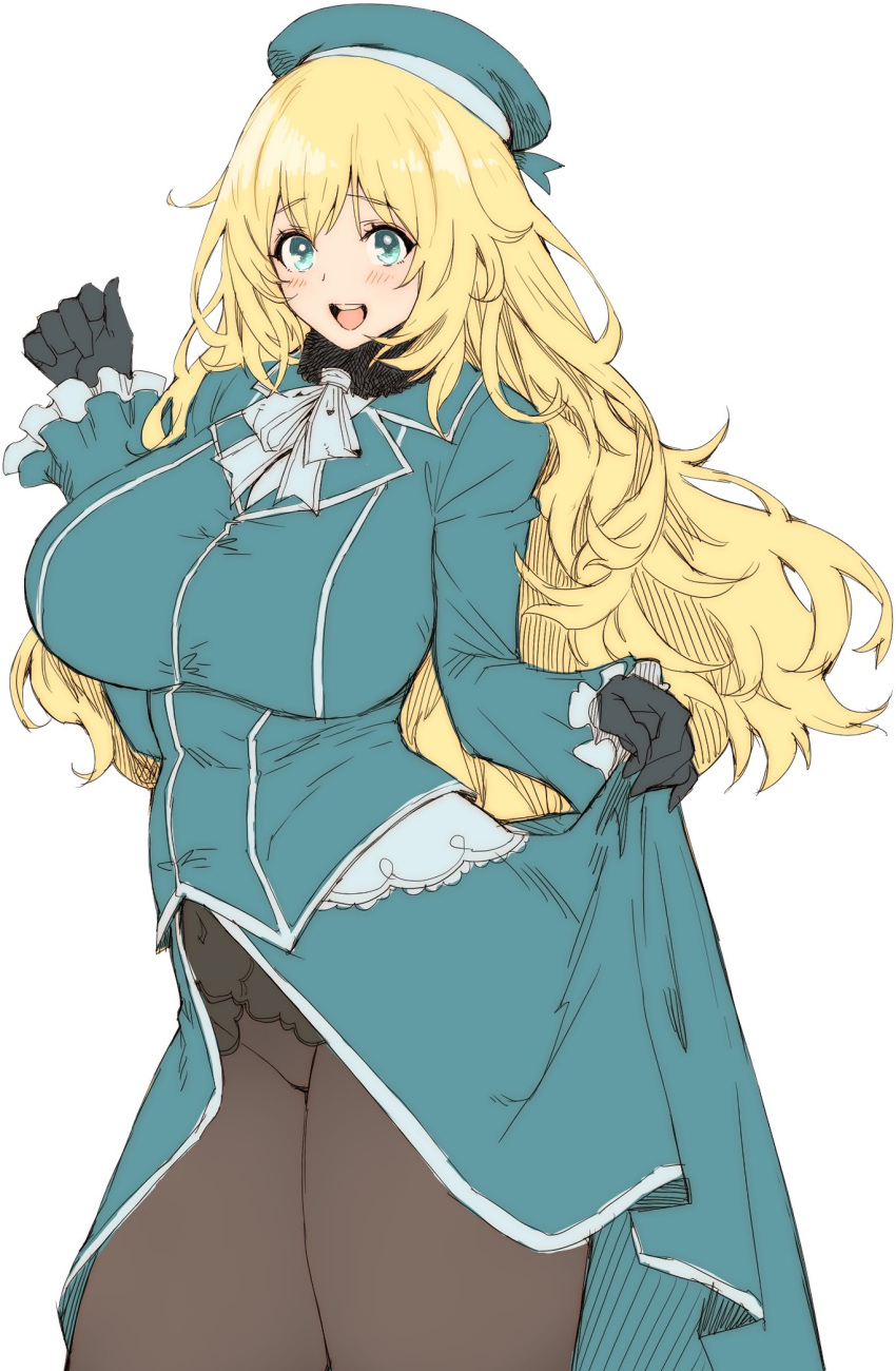 1girl aqua_eyes atago_(kancolle) beret black_gloves black_pantyhose blonde_hair blue_headwear blush breasts gloves hat highres kantai_collection large_breasts long_hair long_sleeves looking_at_viewer open_mouth pantyhose simple_background solo teeth uniform upper_teeth_only very_long_hair white_background whoosaku