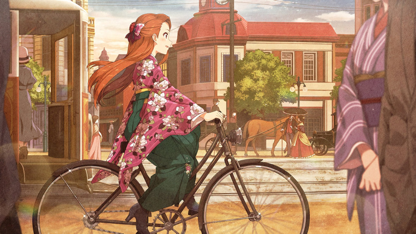 1girl artist_request bicycle brown_hair car clock clock_tower floral_print hakama highres horse idolmaster idolmaster_million_live! idolmaster_million_live!_theater_days japanese_clothes kimono long_hair meiji_schoolgirl_uniform minase_iori motor_vehicle non-web_source official_art railroad_tracks resized riding riding_bicycle streetcar tower upscaled yukata