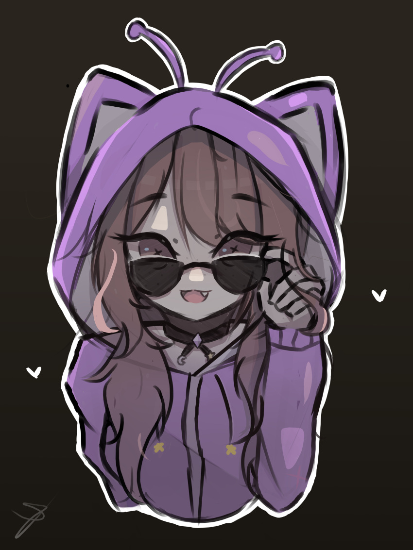 1girl absurdres adjusting_eyewear brown_hair centi_(nimu) choker highres hood hood_up hoodie indie_virtual_youtuber long_hair nimu_(vtuber) nimu_(vtuber)_(3rd_costume) purple_hoodie smile solo sunglasses virtual_youtuber