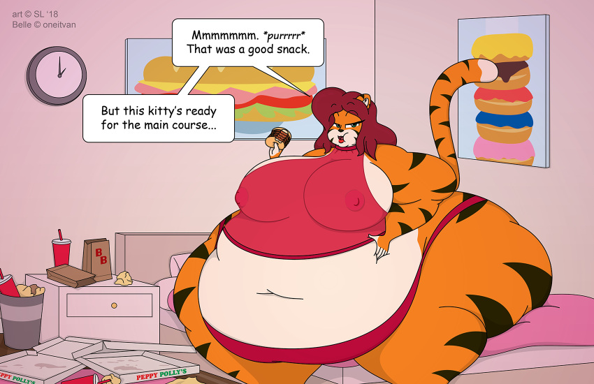 2018 anthro areola_outline bed belle_oliver belly big_belly big_breasts big_butt bottomwear breasts burger butt clock clothing copyright_symbol deep_navel dessert digital_media_(artwork) doughnut eating english_text felid female food fur furniture hair hi_res huge_breasts huge_butt huge_thighs mammal morbidly_obese morbidly_obese_anthro morbidly_obese_female navel nipple_outline obese obese_anthro obese_female overweight overweight_anthro overweight_female pantherine paper_bag pizza_box red_hair sandwich_(food) satsumalord sitting solo speech_bubble striped_body striped_fur stripes stuffing symbol text thick_thighs tiger topwear
