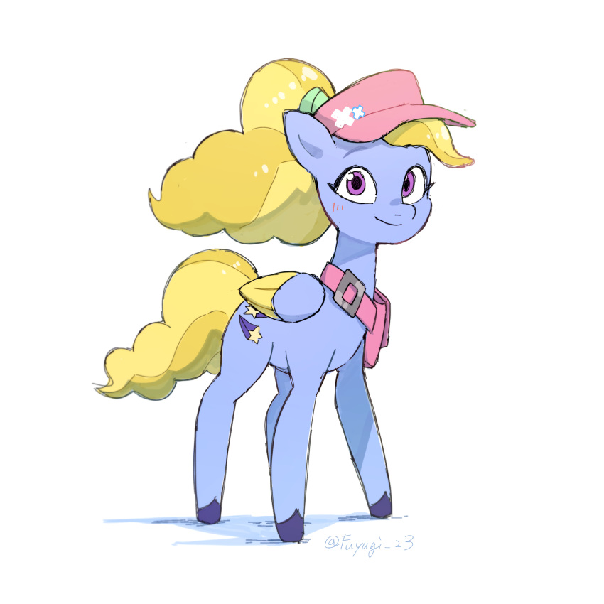 1:1 accessory blonde_hair blonde_mane blue_body blue_fur blue_hooves blush clothing cutie_mark digital_media_(artwork) equid equine female feral fifi_(mlp) folded_wings fur hair hair_accessory hasbro hat headgear headwear hi_res hooves mammal mane mlp_g5 my_little_pony my_little_pony:_tell_your_tale nendo pegasus purple_eyes signature simple_background smile solo tail white_background wings yellow_tail