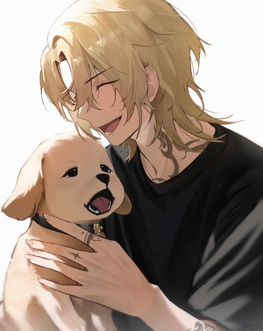 1boy animal animal_collar apol_(ap) black_shirt brown_fur closed_eyes collar dog highres luca_kaneshiro medium_hair nijisanji nijisanji_en open_mouth shirt short_sleeves simple_background smile tattoo teeth tongue virtual_youtuber white_background