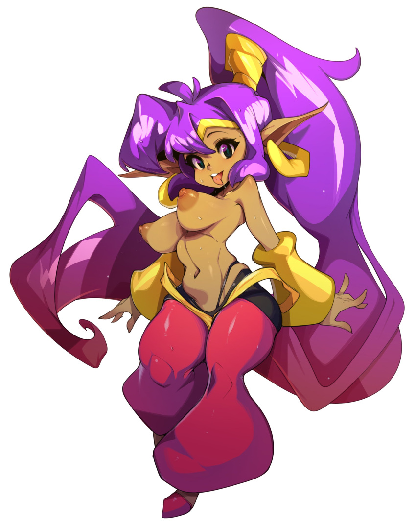 1girl absurdres breasts commentary dark-skinned_female dark_skin english_commentary full_body gradient_hair highres large_breasts long_hair looking_at_viewer multicolored_hair navel nipples open_mouth pants pointy_ears ponytail purple_hair red_footwear red_hair red_pants shantae shantae_(series) shoes slugbox smile solo sweat tongue tongue_out topless very_long_hair