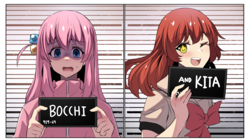 2girls ;d barbie_mugshot_(meme) blue_eyes bocchi_the_rock! character_name cube_hair_ornament english_commentary gotou_hitori green_eyes hair_ornament height_chart height_mark highres hinghoi holding holding_sign jacket kita_ikuyo long_hair meme mugshot multiple_girls one_eye_closed pink_hair pink_jacket red_hair scared school_uniform shuka_high_school_uniform sign smile sparkle track_jacket