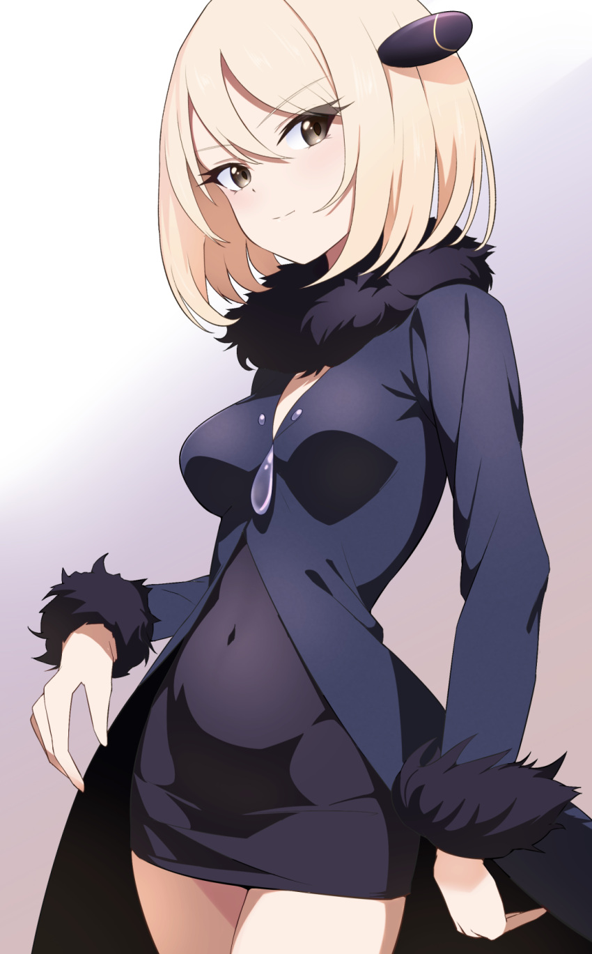 1girl aged_down blonde_hair breasts closed_mouth coat covered_navel cynthia_(pokemon) dress fur-trimmed_coat fur_collar fur_trim grey_eyes hair_ornament highres looking_at_viewer medium_breasts pokemon ryokuchabushi short_dress short_hair solo