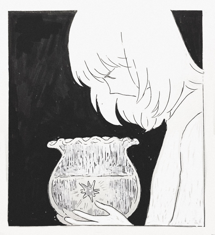 1girl black_background bowl from_side greyscale highres holding holding_bowl kgeroua medium_hair monochrome original profile solo water