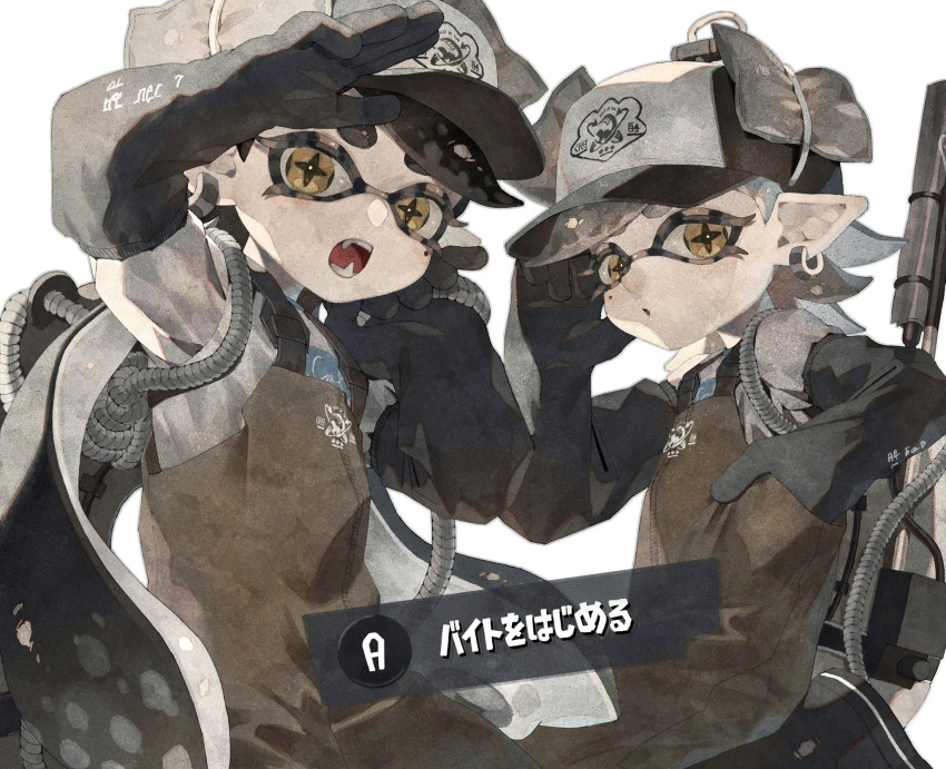 +_+ 2girls arm_up bangs baseball_cap black_footwear black_gloves black_hair black_headwear blush boots callie_(splatoon) clothes_writing commentary_request cowboy_shot earrings elbow_gloves english_commentary fangs flat_chest gloves grey_hair hand_up hat highres jewelry kaji_(oni_atat) light_blush long_hair long_sleeves looking_at_viewer marie_(splatoon) mixed-language_commentary mole mole_under_eye multiple_girls muted_color open_mouth orange_overalls overalls pointy_ears radio_antenna rope salmon_run_(splatoon) shading_eyes shirt short_hair siblings simple_background sisters splatoon_(series) splatoon_3 standing suction_cups swept_bangs teeth tentacle_hair tentacles translation_request twintails white_background white_shirt yellow_eyes