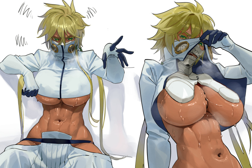 1girl abs absurdres arrancar bleach blonde_hair breast_tattoo breasts breath dark-skinned_female dark_skin green_eyes groin hair_between_eyes highres hollow_(bleach) large_breasts looking_at_viewer mask mouth_mask navel nia_(nia4294) number_tattoo revealing_clothes short_hair_with_long_locks simple_background squiggle sweat tattoo tier_harribel toned underboob upper_body