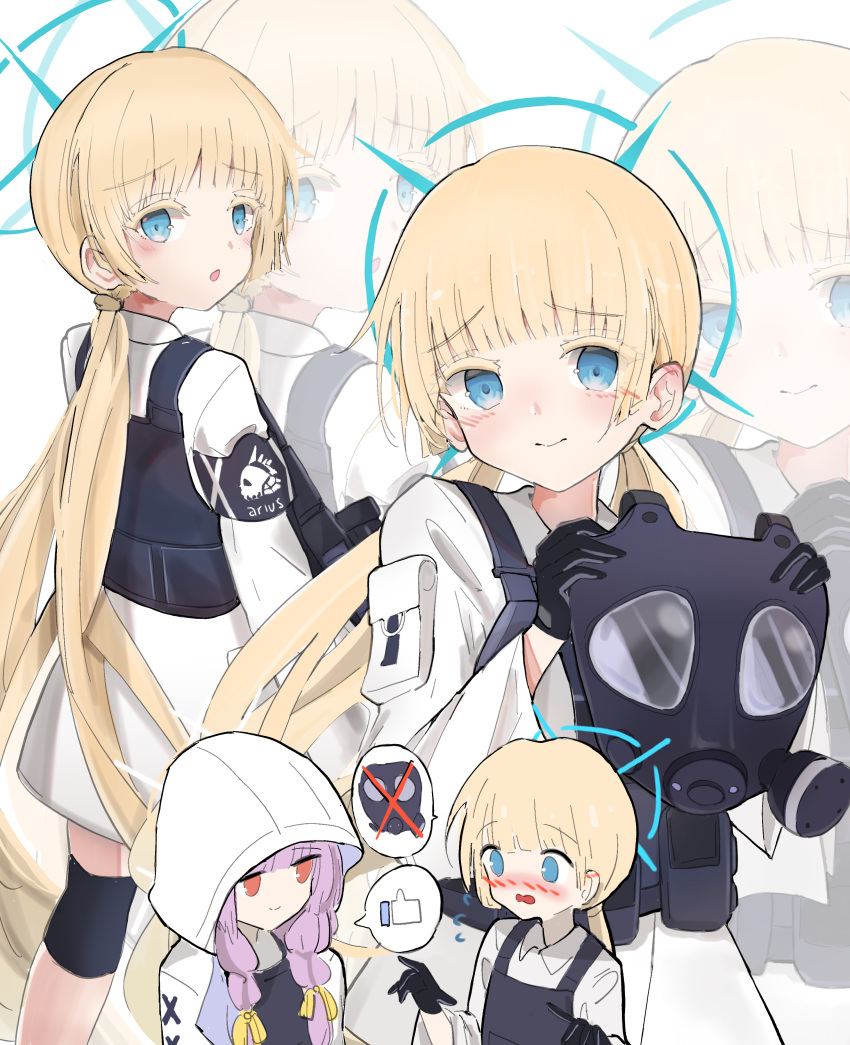 2girls absurdres arius_student_(blue_archive) atsuko_(blue_archive) black_gloves blonde_hair blue_archive blue_eyes blush closed_mouth commentary_request flak_jacket gas_mask gloves halo highres hood hoodie jacket long_hair looking_at_another looking_at_viewer low_twintails mask mask_removed multiple_girls multiple_views nose_blush purple_hair red_eyes smile spoken_symbol spoken_thumbs_up twintails unli_free very_long_hair white_hoodie white_jacket