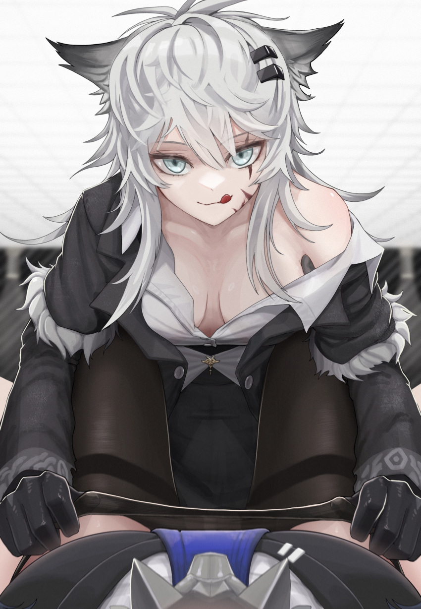 2girls :p absurdres animal_ears arknights black_coat black_gloves black_vest blue_necktie breasts coat female_pov gloves grey_eyes hair_ornament hairclip highres lappland_(arknights) lappland_(refined_horrormare)_(arknights) long_sleeves looking_at_viewer mildt multiple_girls necktie official_alternate_costume open_clothes open_coat pantyhose pantyhose_removed pov scar scar_across_eye scar_on_face small_breasts texas_(arknights) texas_the_omertosa_(arknights) tongue tongue_out vest wolf_ears wolf_girl