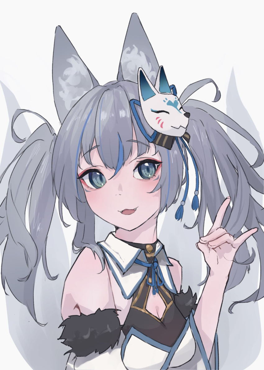 1girl :3 animal_ear_fluff animal_ears blue_eyes cleavage_cutout clothing_cutout detached_sleeves eyeliner facial_mark fang fox_ears fox_girl fox_mask fox_shadow_puppet fox_tail fur-trimmed_sleeves fur_trim grey_background grey_hair hand_up highres inari_iroha long_hair looking_to_the_side makeup mask multicolored_hair multiple_tails noripro open_mouth red_eyeliner sayachan_1210 simple_background smile solo streaked_hair tail twintails upper_body