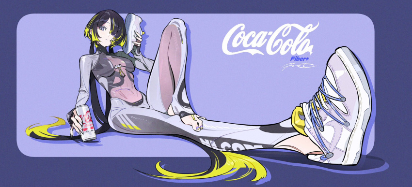 1girl asics black_hair blonde_hair bodysuit breasts coca-cola eyes_visible_through_hair grey_eyes hair_over_one_eye highres long_hair low_twintails medium_breasts multicolored_hair nail_polish original shoes sneakers solo stirrup_legwear streaked_hair tizibade toeless_legwear twintails two-tone_hair very_long_hair