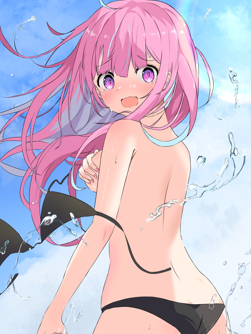 1girl absurdres accidental_pervert ass back bare_arms bare_back bikini bikini_top_removed black_bikini blue_hair blue_sky blunt_bangs blush braid cloud colored_inner_hair covering covering_breasts day embarrassed gabuchi highres hololive long_hair minato_aqua multicolored_hair nail_polish outdoors purple_eyes purple_hair sky solo streaked_hair swimsuit two-tone_hair virtual_youtuber wardrobe_malfunction water_drop