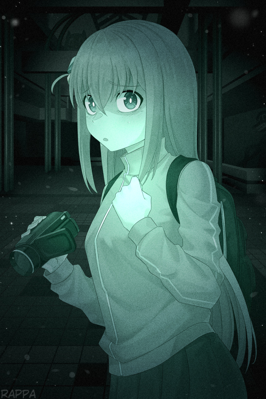 1girl artist_name backpack bag bocchi_the_rock! camera clenched_hand cube_hair_ornament gotou_hitori green_theme hair_ornament highres holding holding_camera indoors jacket light_particles long_hair night_vision one_side_up open_mouth pleated_skirt rappa scared sidelocks skirt solo standing track_jacket