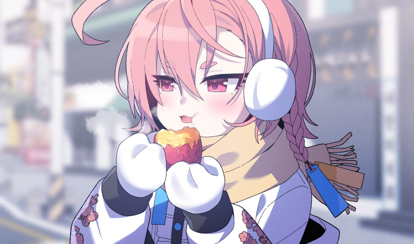 1girl ahoge blue_archive blush braid earmuffs eating food hair_between_eyes highres holding holding_food huge_ahoge hwaen jacket long_hair long_sleeves neru_(blue_archive) open_mouth red_eyes red_hair single_braid solo sukajan sweet_potato upper_body white_jacket