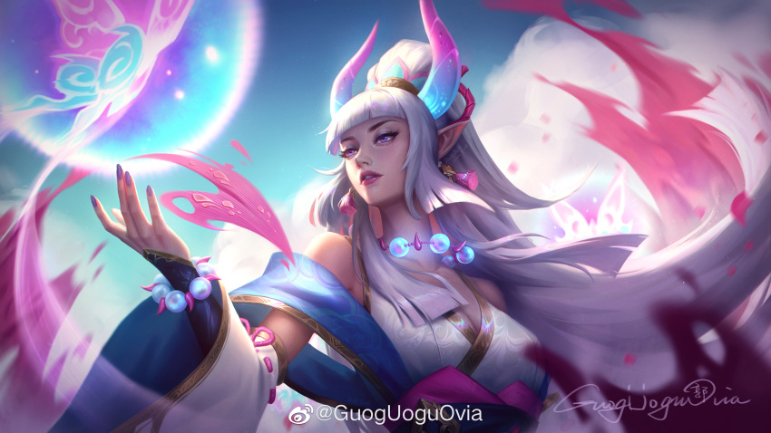 1girl absurdres artist_name blue_eyes blue_sky blunt_bangs breasts bug butterfly chinese_commentary cleavage earrings energy_ball expressionless eyeshadow falling_petals guoguoguovia highres horns jewelry large_breasts league_of_legends long_hair looking_ahead magic makeup official_alternate_costume official_alternate_hairstyle outdoors parted_lips petals pointy_ears signature sky solo spirit_blossom_(league_of_legends) spirit_blossom_syndra syndra upper_body white_hair