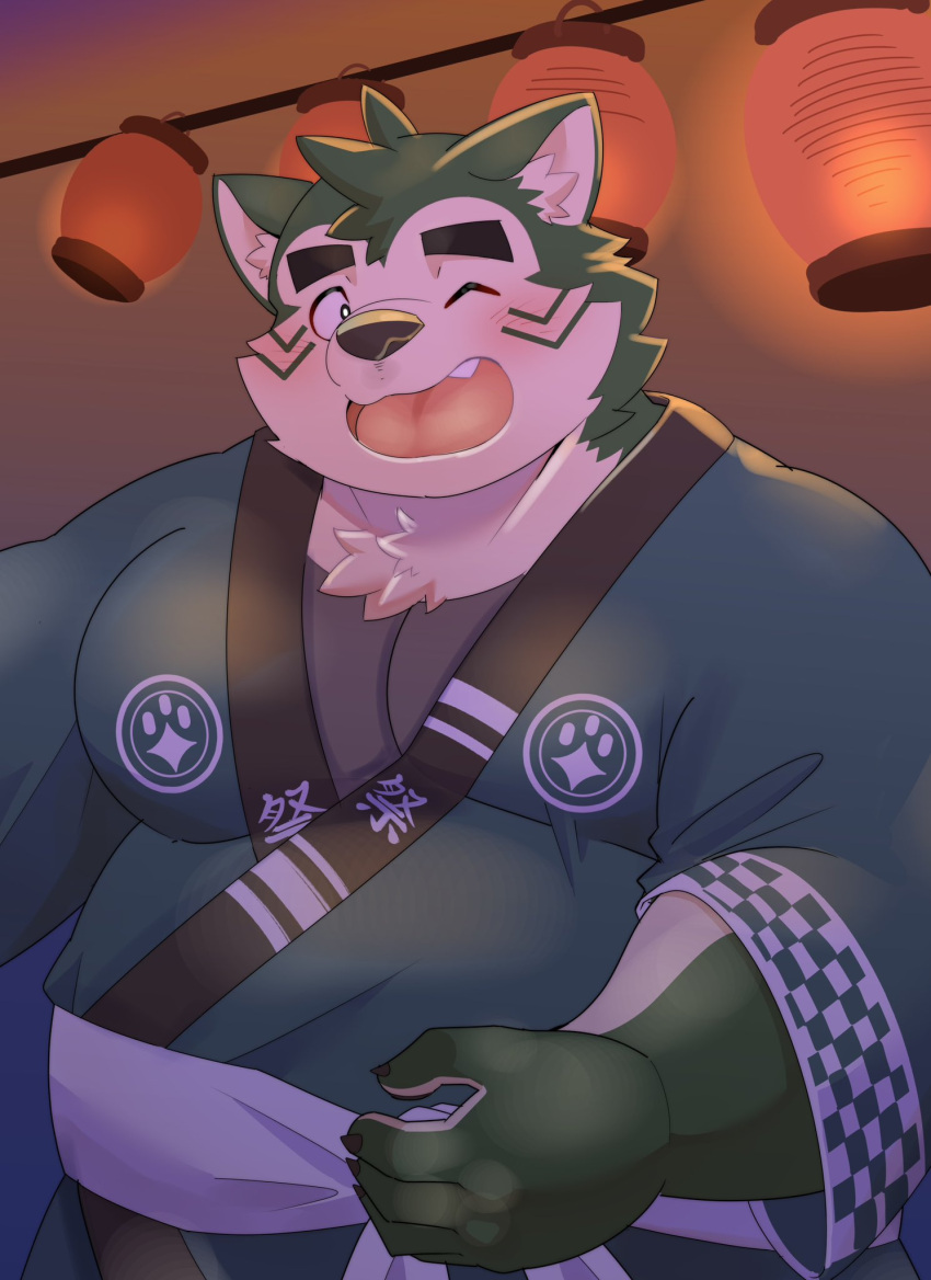 2023 amidasuke anthro asian_clothing belly big_belly blush canid canine canis clothing domestic_dog east_asian_clothing green_body hi_res humanoid_hands japanese_clothing kemono lifewonders live_a_hero male mammal mokdai one_eye_closed overweight overweight_male solo wink