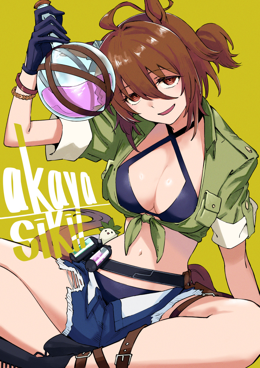 1girl absurdres agnes_tachyon_(lunatic_lab)_(umamusume) agnes_tachyon_(umamusume) akaya_shiki animal_ears artist_name bikini black_bikini black_gloves blue_shorts breasts brown_eyes brown_hair cleavage criss-cross_halter cross-laced_footwear denim denim_shorts flask gladiator_sandals gloves halterneck highres holding holding_flask horse_ears horse_girl horse_tail looking_at_viewer official_alternate_costume round-bottom_flask sandals shirt shorts smile solo summer's_sunlight_fades_to_blue_(umamusume) swimsuit tail tied_jacket tied_shirt tracen_swimsuit umamusume