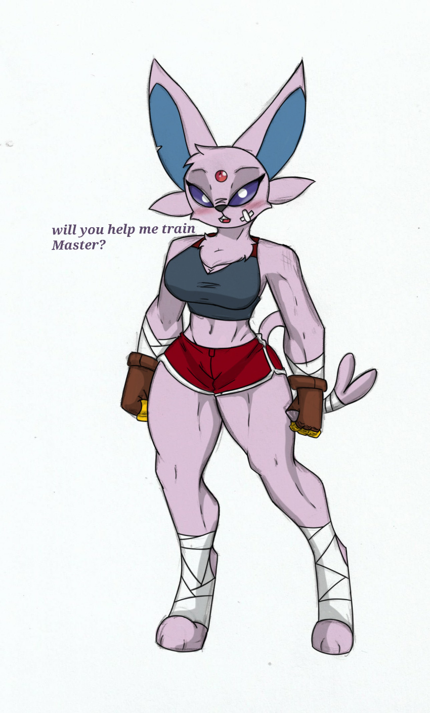 anthro big_breasts blush brass_knuckles breasts eeveelution english_text espeon female generation_2_pokemon hi_res melee_weapon nintendo pace-maker pokemon pokemon_(species) small_waist solo text thick_thighs weapon wide_hips
