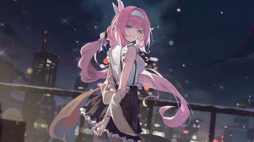 1girl arms_behind_back birthday black_skirt blue_eyes breasts building elysia_(honkai_impact) english_commentary fence highres honkai_(series) honkai_impact_3rd long_hair looking_at_viewer low_ponytail medium_breasts night outdoors pink_hair pointy_ears second-party_source serie_niai shirt skirt smile solo upper_body white_headwear white_shirt
