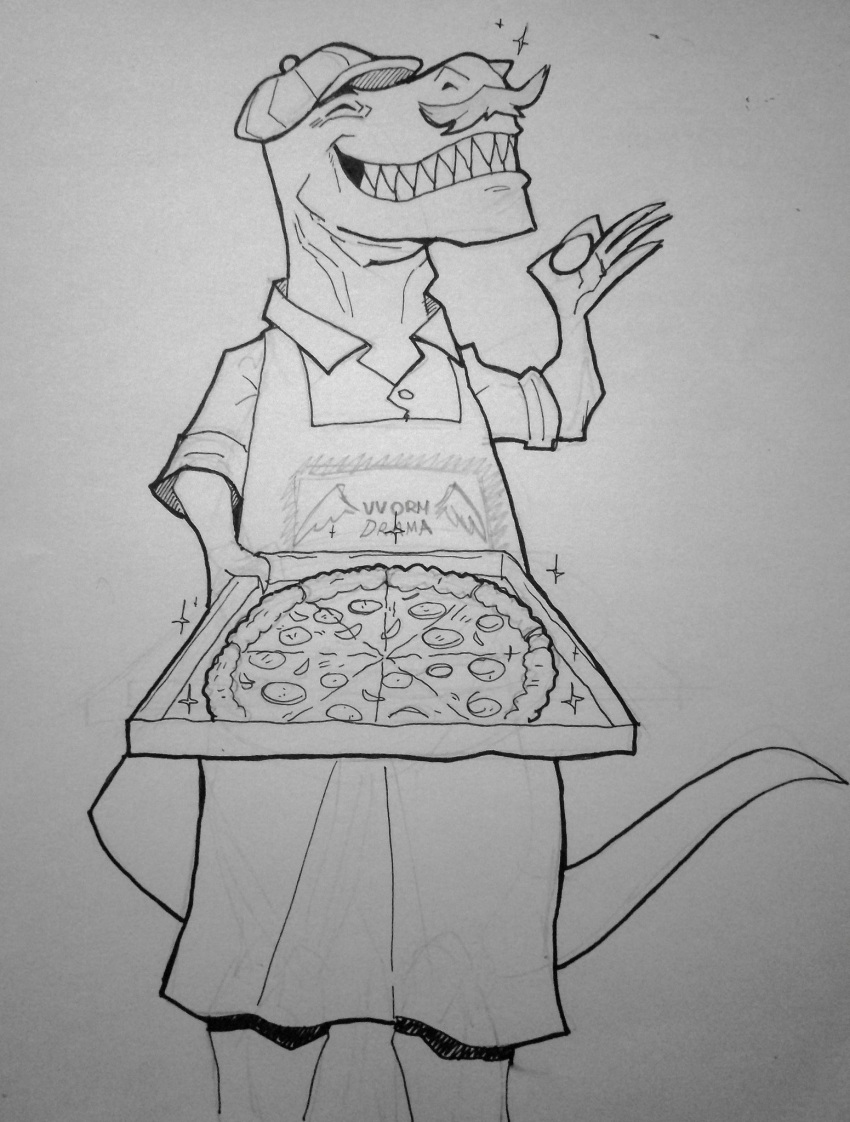 2023 anthro apron black_and_white claws clothing dinosaur dress_shirt facial_hair fingers food gesture hat headgear headwear hi_res long_tail male moe_(snoot_game) monochrome mustache ok_sign pizza reptile scalie sharp_teeth shirt sketch smile snoot_game_(fan_game) solo tail teeth theropod topwear tyrannosaurid tyrannosaurus tyrannosaurus_rex unknown_artist