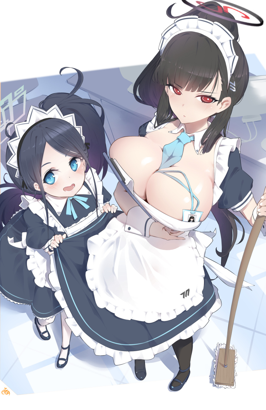 2girls alternate_costume apron aris_(blue_archive) aris_(maid)_(blue_archive) between_breasts black_dress black_hair blue_archive blue_eyes blush breasts cleavage dress enmaided halo highres keyfanjun lanyard large_breasts looking_at_viewer maid maid_headdress multiple_girls neck_ribbon necktie necktie_between_breasts petticoat ponytail puffy_short_sleeves puffy_sleeves red_eyes ribbon rio_(blue_archive) short_sleeves side_ponytail skirt_hold smile white_apron
