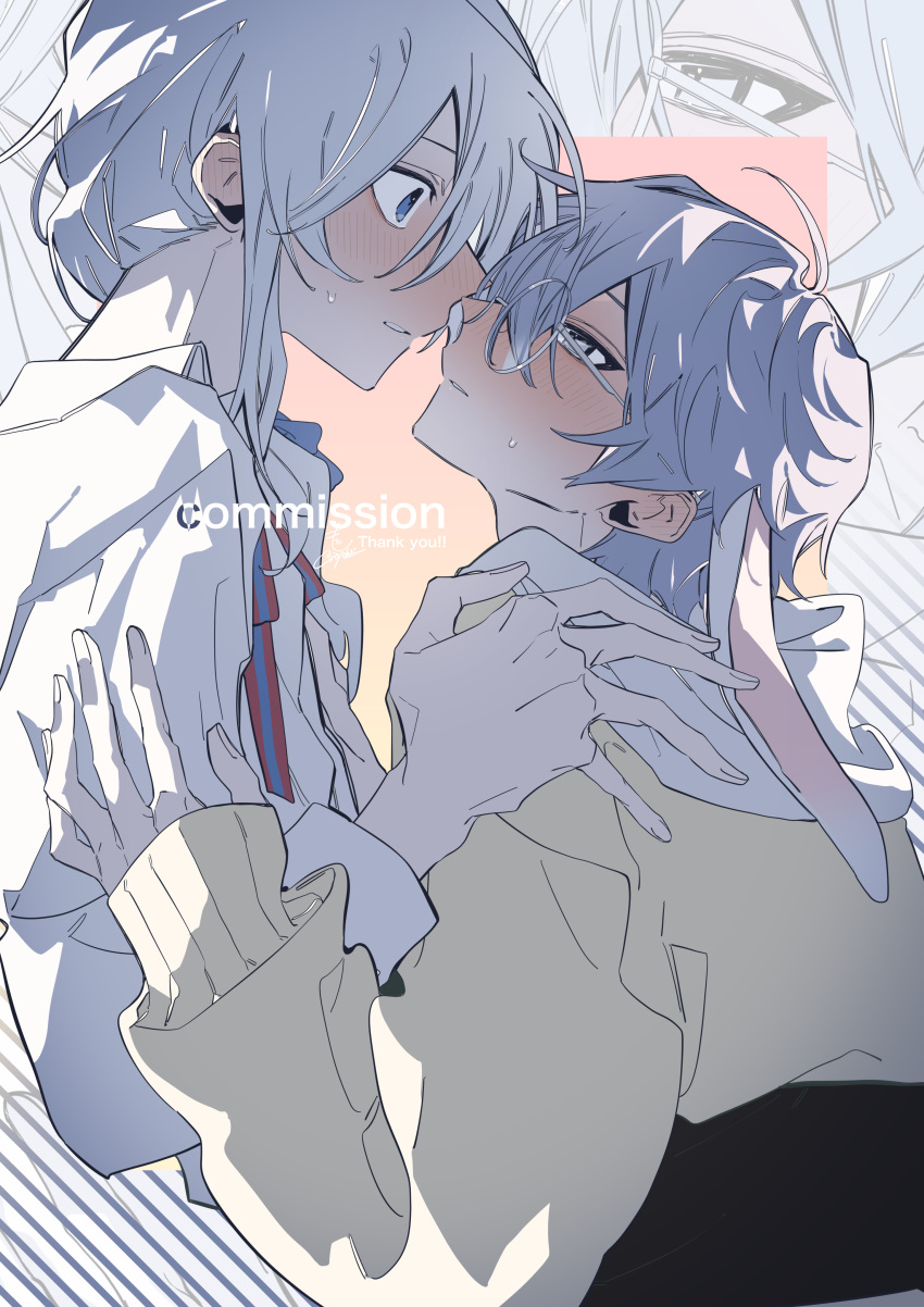 2boys absurdres ahoge animal_ears blue_eyes blush braid commission facing_another glasses grey_eyes grey_hair highres hood hood_down hoodie long_hair long_sleeves looking_at_another male_focus mmoja multicolored_clothes multicolored_hoodie multiple_boys original pixiv_commission profile purple_hair rabbit_boy rabbit_ears short_hair white_hoodie yaoi yellow_hoodie