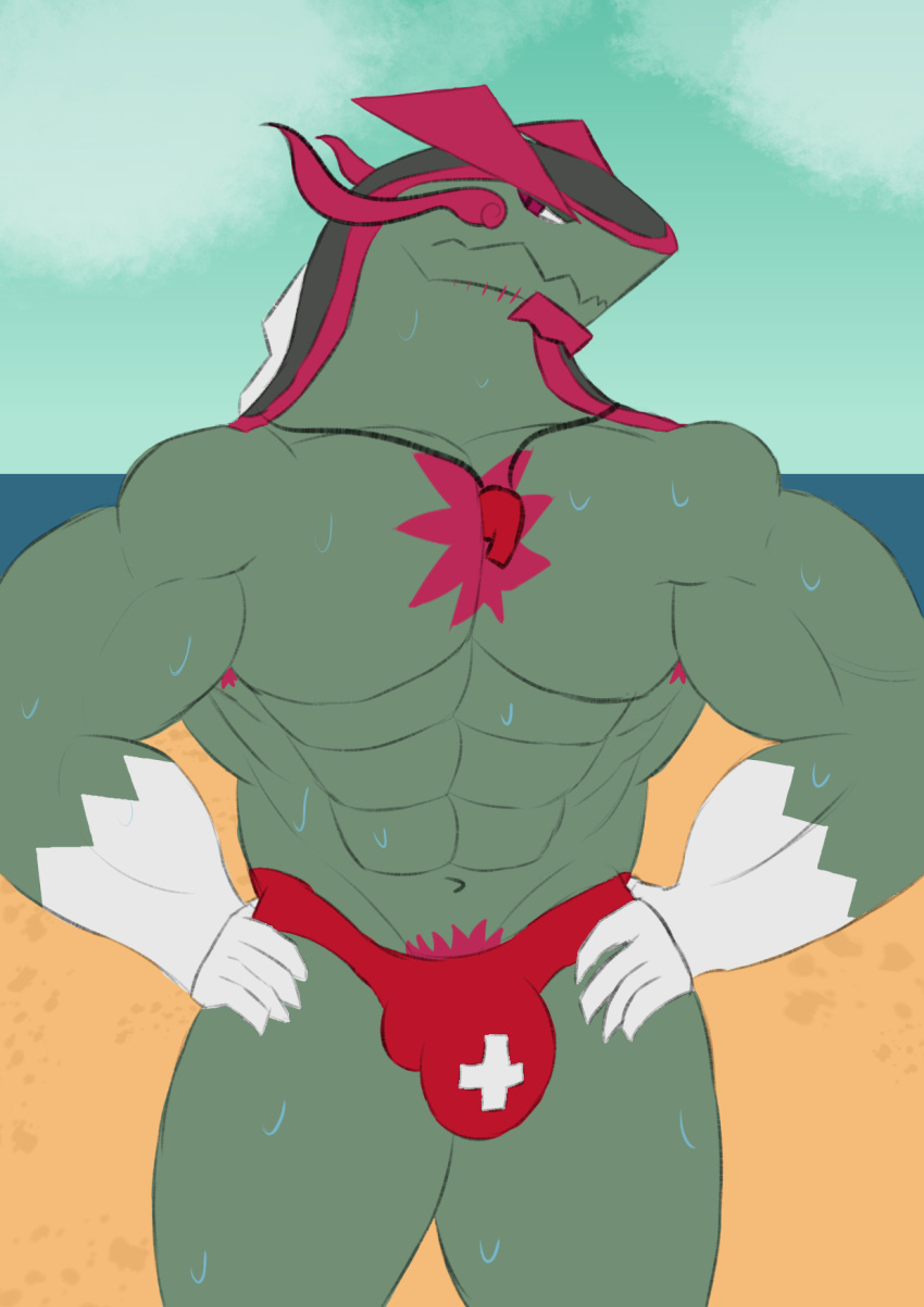 abs anthro anthrofied basculegion beach bulge chest_tuft clothing cloud day fingers fish generation_8_pokemon green_body hands_on_hips hi_res lifeguard male marine muscular muscular_anthro muscular_male nintendo outside pecs pokemon pokemon_(species) pokemon_legends_arceus sand seaside shikohoro_(artist) sketch sky solo solo_focus speedo stubble swimwear tuft water wet wet_body whistle_(object)