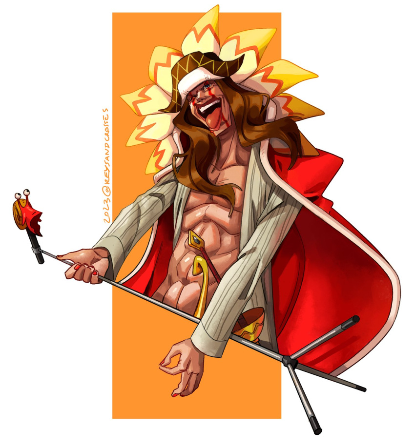 1boy abs brown_hair cloak cropped_torso diamante facepaint flower head_tilt highres holding holding_microphone keysandcrosses long_hair looking_at_viewer male_focus microphone one_eye_closed one_piece open_clothes open_mouth open_shirt red_cloak red_nails snail solo toned toned_male tongue tongue_out yellow_flower