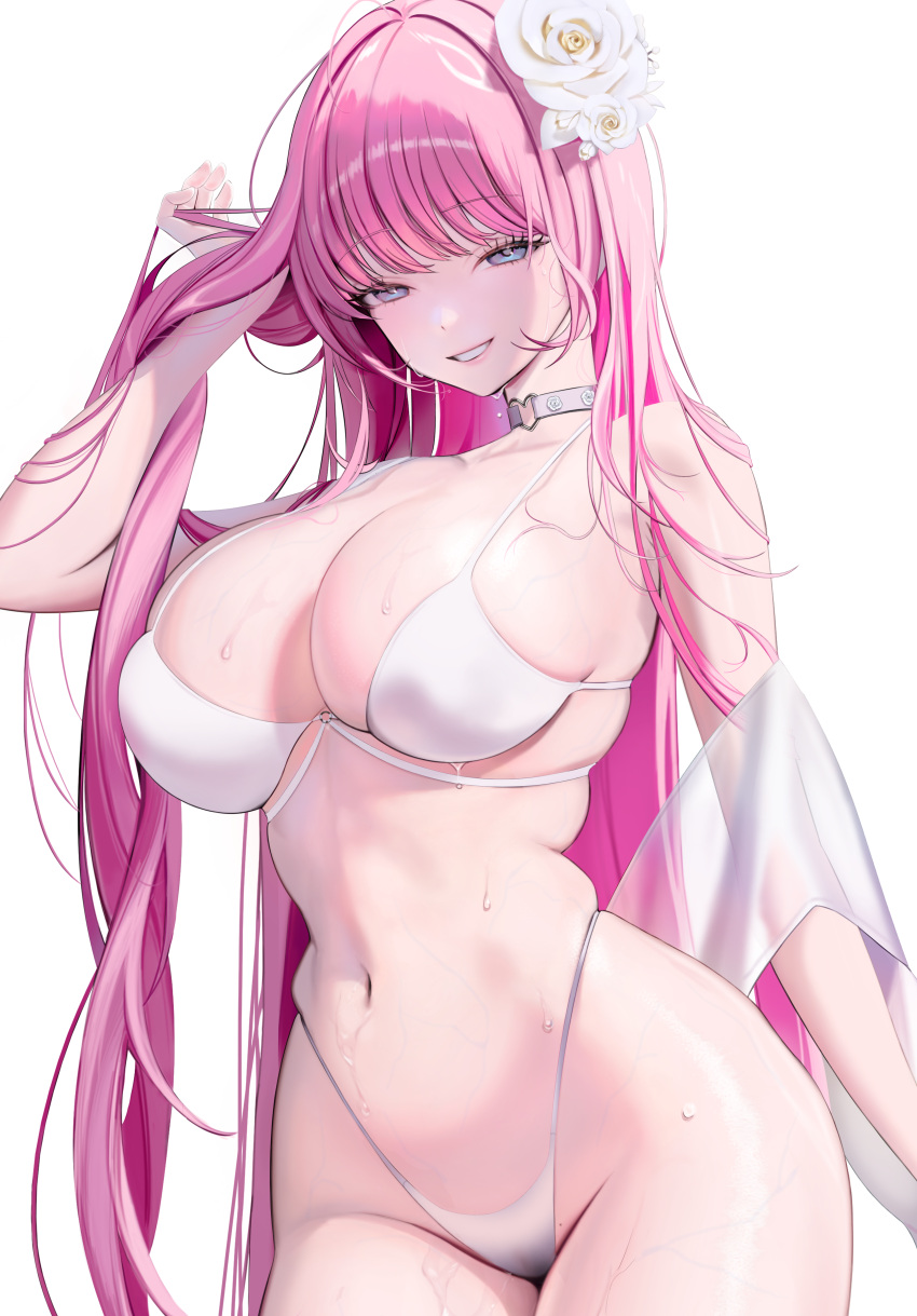 1girl absurdres ahoge arm_at_side bikini breasts brokenspirits choker cleavage commentary_request contrapposto flower grey_eyes grin groin hair_flower hair_ornament heart_o-ring highleg highleg_bikini highres hip_bones holding holding_hair large_breasts long_hair looking_at_viewer navel o-ring o-ring_choker o-ring_top original pink_hair simple_background skindentation smile solo stomach swimsuit thighs veins veiny_breasts veiny_thighs very_long_hair water_drop wet white_background white_bikini white_flower