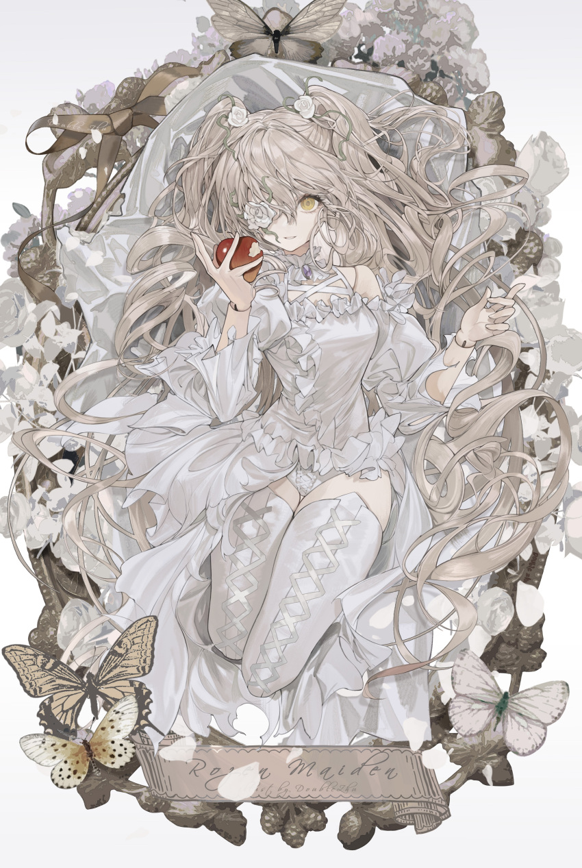 1girl absurdres apple artist_name blonde_hair boots breasts bug butterfly copyright_name detached_sleeves doll_joints dress flower flower_over_eye food fruit highres holding holding_food holding_fruit joints kirakishou light_smile long_hair medium_breasts petals rose rozen_maiden simple_background solo swept_bangs thigh_boots twintails very_long_hair wavy_hair white_background white_dress white_flower white_footwear white_rose white_sleeves white_theme yellow_eyes youamo
