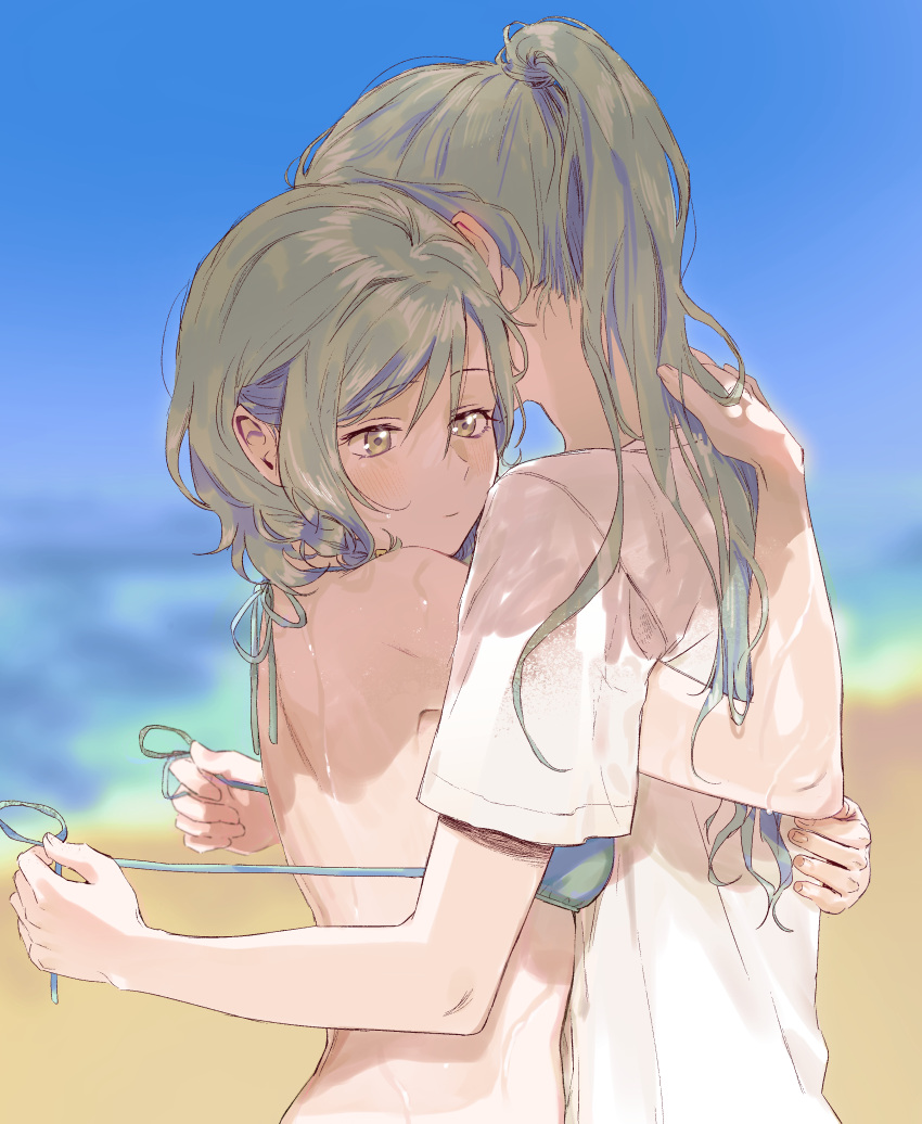 2girls absurdres aqua_bikini aqua_eyes aqua_hair bang_dream! beach bikini blurry blurry_background blush closed_mouth commentary highres hikawa_hina hikawa_sayo hug incest long_hair multiple_girls outdoors ponytail shirt short_hair short_sleeves siblings sidelocks swimsuit twincest twins undressing_another untied untied_bikini untying upper_body white_shirt yuri zihacheol