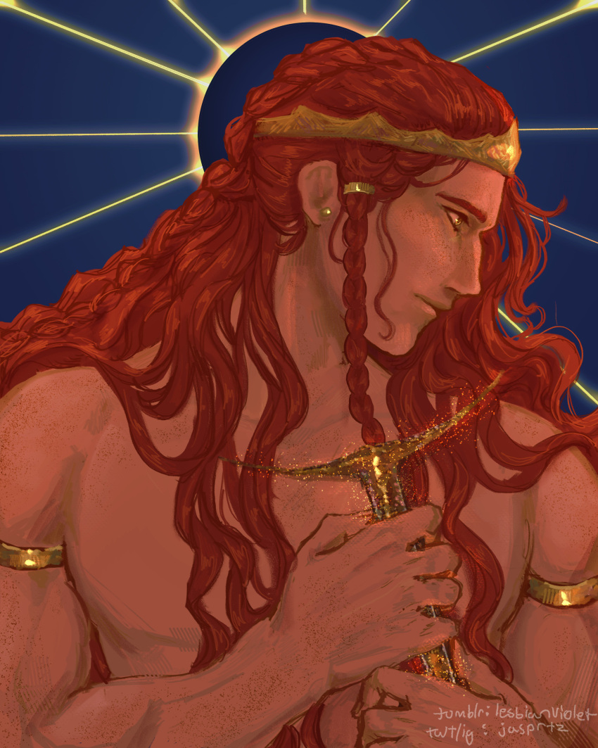 1boy absurdres armlet bare_arms bare_shoulders blue_background body_freckles braid crown earrings elden_ring freckles gold_bracelet gold_diadem gold_earrings golden_sword highres holding holding_sword holding_weapon jewelry lesbianviolet long_hair looking_to_the_side multiple_braids radagon_of_the_golden_order red_hair sunburst sunburst_background sword sword_hilt topless topless_male weapon yellow_eyes