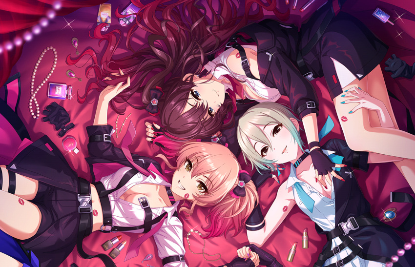 3girls bottle breasts brooch cleavage cosmetics feet_out_of_frame fingerless_gloves fingernails gloves gradient_hair hair_spread_out ichinose_shiki idolmaster idolmaster_cinderella_girls idolmaster_cinderella_girls_starlight_stage jewelry jougasaki_mika large_breasts lipstick lipstick_mark looking_at_viewer lying makeup multicolored_hair multiple_girls nail_polish official_art on_back on_side open_collar perfume_bottle shiomi_syuko shirt single_glove sleeveless sleeveless_shirt