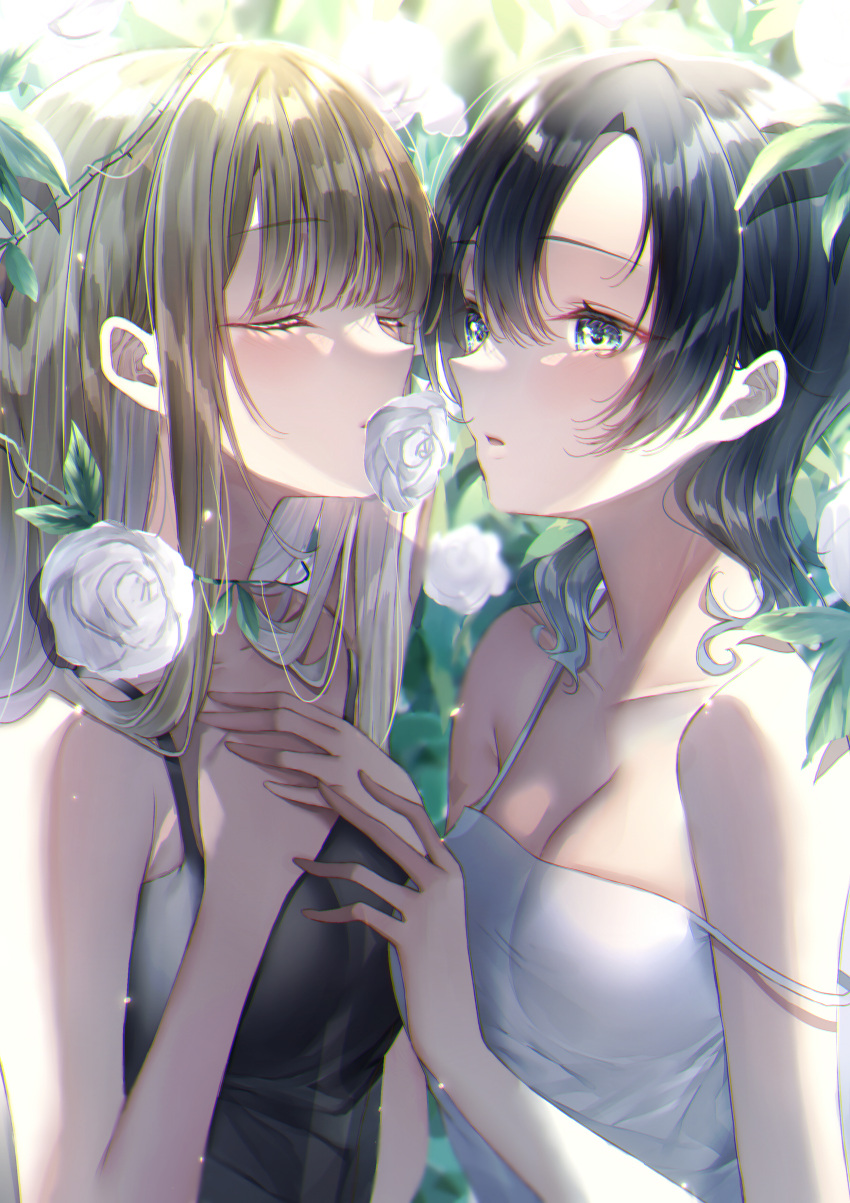 2girls absurdres bare_shoulders black_hair black_shirt blue_eyes breasts brown_hair chromatic_aberration cleavage closed_eyes closed_mouth collarbone commentary_request flower hair_between_eyes highres long_hair multiple_girls open_mouth original shirt sleeveless sleeveless_shirt small_breasts spaghetti_strap strap_slip touki_matsuri upper_body white_flower white_shirt yuri