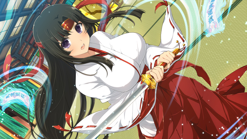 1girl absurdres architecture bamboo bamboo_forest bell black_hair breasts east_asian_architecture forest fusuma glowing hakama headband highres holding holding_sword holding_weapon indoors japanese_clothes jingle_bell katana kimono large_breasts long_hair looking_at_viewer low-tied_long_hair miko nature official_art ofuda open_mouth porch purple_eyes queen's_blade red_hakama red_headband ribbon-trimmed_sleeves ribbon_trim senran_kagura senran_kagura_new_link sliding_doors solo sword talisman tatami tomoe_(queen's_blade) weapon white_kimono wide_sleeves yaegashi_nan