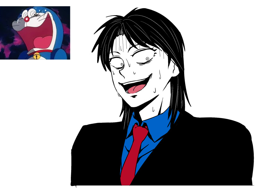 1boy bags_under_eyes black_hair black_jacket blazer blue_shirt collared_shirt colored_skin commentary doraemon doraemon_(character) high_contrast highres ichijou_seiya jacket kaiji long_hair looking_at_viewer male_focus necktie open_mouth parted_bangs red_necktie reference_inset shirt simple_background smile suit sweat upper_body white_background white_eyes white_skin yologyeolseogchung-gyeogpaswaeseogsul