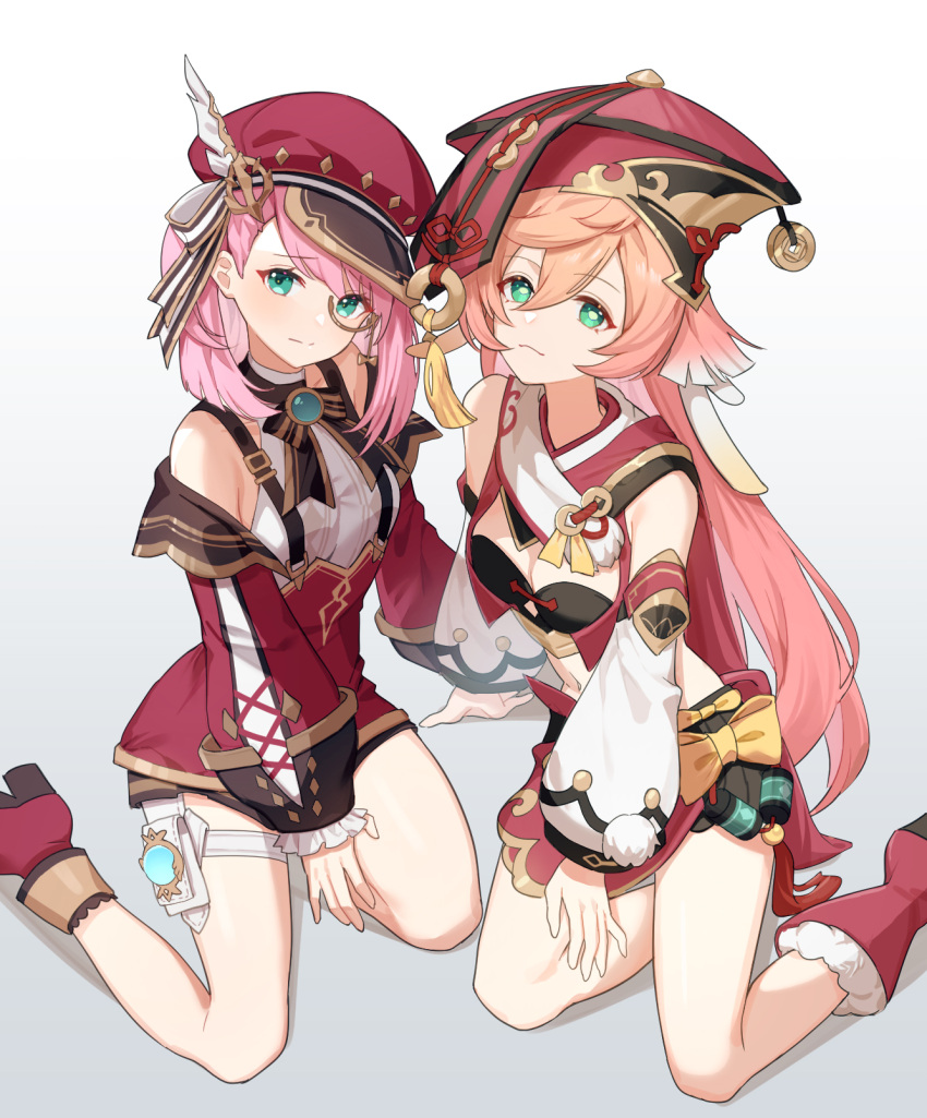 2girls antlers asymmetrical_bangs bare_shoulders black_bloomers black_bra blue_gemstone bow bra breasts brown_skirt cabbie_hat camera charlotte_(genshin_impact) chibi_vanille coin_hair_ornament crop_top cross-laced_clothes cross-laced_sleeves detached_sleeves fold-over_boots gem genshin_impact green_eyes hair_between_eyes hair_ornament hat hat_feather highres horns lace-up_sleeves midriff monocle multiple_girls pink_hair pom_pom_(clothes) porkpie_hat puffy_detached_sleeves puffy_sleeves red_headwear red_sleeves shirt sidelocks simple_background sitting skirt sleeveless sleeveless_shirt small_breasts suspenders thigh_strap underbust underwear white_background white_shirt white_sleeves yanfei_(genshin_impact) yellow_bow yokozuwari