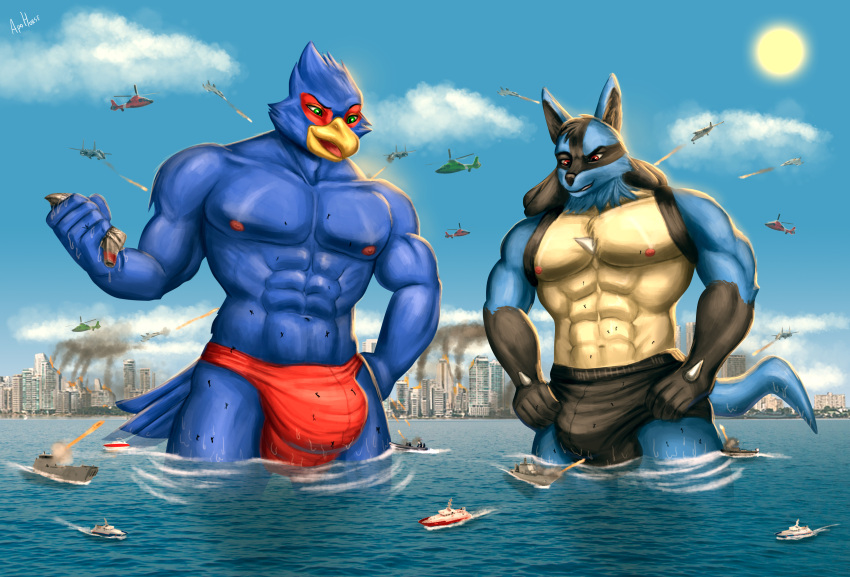 2023 absurd_res aircraft anthro apohorse avian big_bulge bird blue_body blue_fur bulge canid canine city clothing duo falco_lombardi fur generation_4_pokemon green_eyes helicopter hi_res lucario macro male mammal muscular muscular_male nintendo pecs pokemon pokemon_(species) red_eyes sea ship speedo spikes spikes_(anatomy) star_fox swimwear vehicle water watercraft