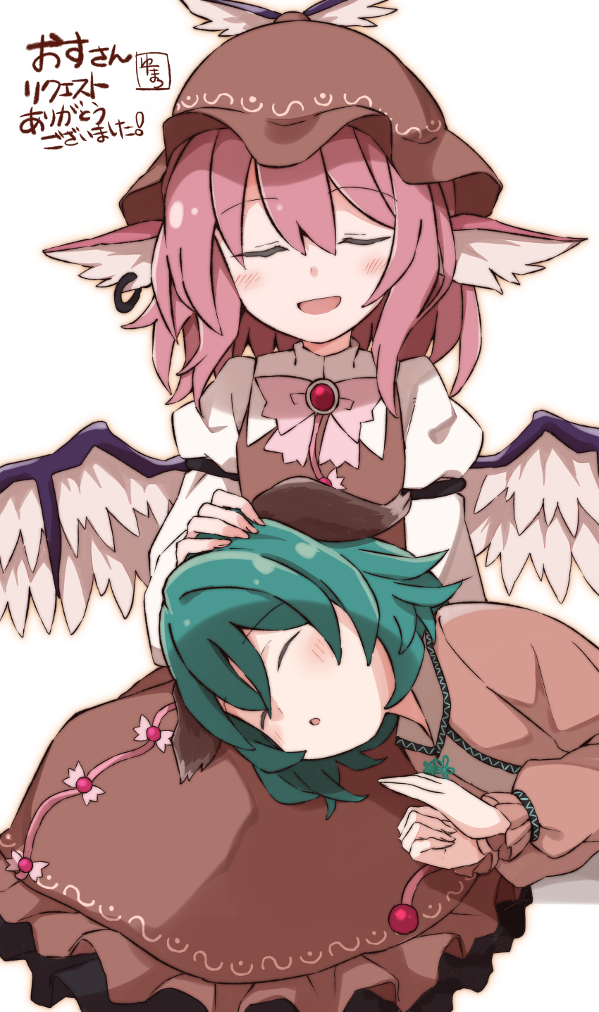 2girls absurdres animal_ears bird_ears bird_wings blush brown_dress brown_headwear closed_eyes commission commissioner_upload dog_ears dress earrings feathered_wings green_hair hair_between_eyes hat highres jewelry kasodani_kyouko long_sleeves multiple_girls mystia_lorelei open_mouth pink_dress pink_hair short_hair single_earring skeb_commission sleeve_garter smile touhou white_wings winged_hat wings yutamaro