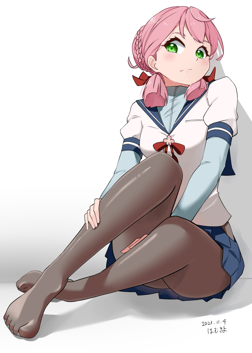 1girl absurdres akashi_(kancolle) alternate_legwear artist_name blush braid breasts brown_pantyhose dated green_eyes hair_ribbon hamukiyo highres hip_vent kantai_collection long_hair long_sleeves looking_at_viewer pantyhose pink_hair pleated_skirt ribbon school_uniform serafuku shadow simple_background skirt solo tress_ribbon white_background