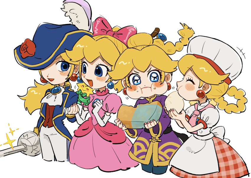 1other 4girls apron ascot blonde_hair blue_eyes blue_headwear blue_jacket blush bow braid brooch chef_hat chibi chinese_clothes dress earrings elbow_gloves feathers flower food gloves hair_bow hat hat_feather hat_flower highres holding holding_food holding_sword holding_weapon jacket jewelry kung_fu_master_peach mario_(series) mimimi_(mimimim9999) multiple_girls official_alternate_costume official_alternate_hairstyle open_mouth pants pastry_chef_peach pink_bow pink_dress ponytail princess_peach princess_peach:_showtime! puffy_short_sleeves puffy_sleeves rapier red_flower red_rose red_vest rose short_sleeves simple_background sphere_earrings stella_(peach) sword swordfighter_peach vest weapon white_apron white_ascot white_background white_feathers white_gloves white_pants