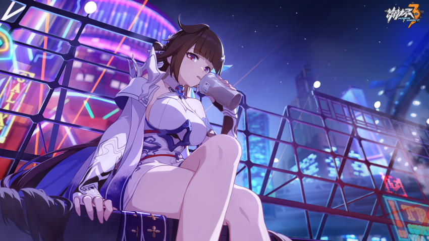 1girl bare_legs bare_shoulders breasts brown_hair chinese_clothes chinese_commentary crossed_legs cup drinking fingerless_gloves gloves highres holding holding_cup honkai_(series) honkai_impact_3rd large_breasts li_sushang li_sushang_(jade_knight) logo long_hair looking_at_viewer night night_sky official_art official_wallpaper outdoors sky solo very_long_hair white_sleeves