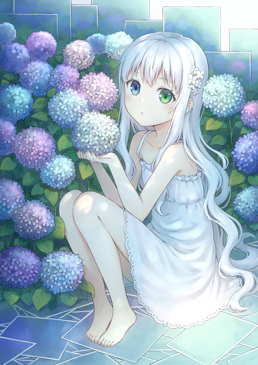 104 1girl barefoot blue_eyes blush collarbone commentary_request dress flower full_body green_eyes hair_flower hair_ornament heterochromia highres hydrangea knees_up long_hair looking_at_viewer original parted_lips sitting solo sundress white_dress white_hair